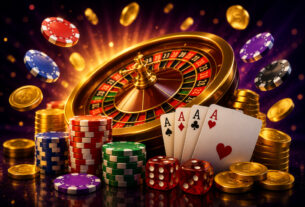 A collection of poker chips, dice, and playing cards with a roulette wheel in the background, representing gambling them