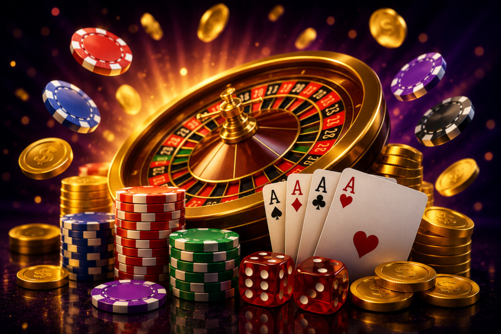 A collection of poker chips, dice, and playing cards with a roulette wheel in the background, representing gambling them