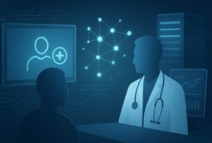 Illustration of a doctor interacting with a patient in a digital healthcare environment