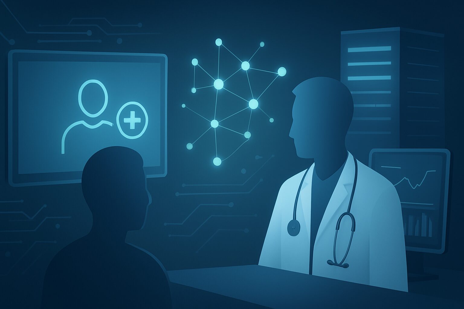 Illustration of a doctor interacting with a patient in a digital healthcare environment